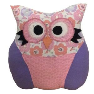 🌞 Pink & purple vintage boho floral plush stuffed owl pillow about 10” x 10”
